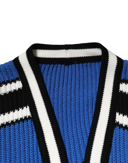 Dolce & Gabbana Blue Cotton Logo Patch Ribbed Knit Cardigan Sweater