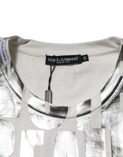 Dolce & Gabbana White Cotton Silver Metallic Slogan Print T-shirt
