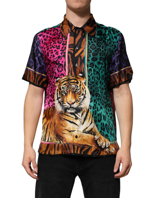 Dolce &amp; Gabbana Mehrfarbiges Hawaii-T-Shirt aus Seide mit Tiger-Print