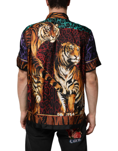 Dolce &amp; Gabbana Mehrfarbiges Hawaii-T-Shirt aus Seide mit Tiger-Print