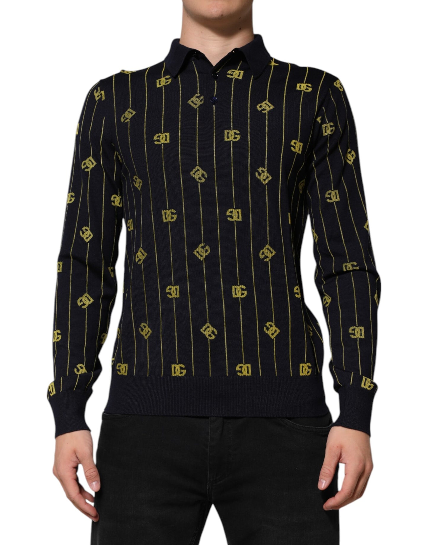 Dolce &amp; Gabbana – Schwarzes Poloshirt aus Jacquard-Strick mit Logo