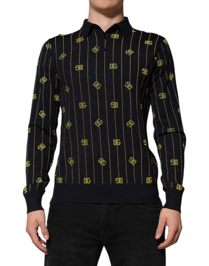 Dolce &amp; Gabbana – Schwarzes Poloshirt aus Jacquard-Strick mit Logo