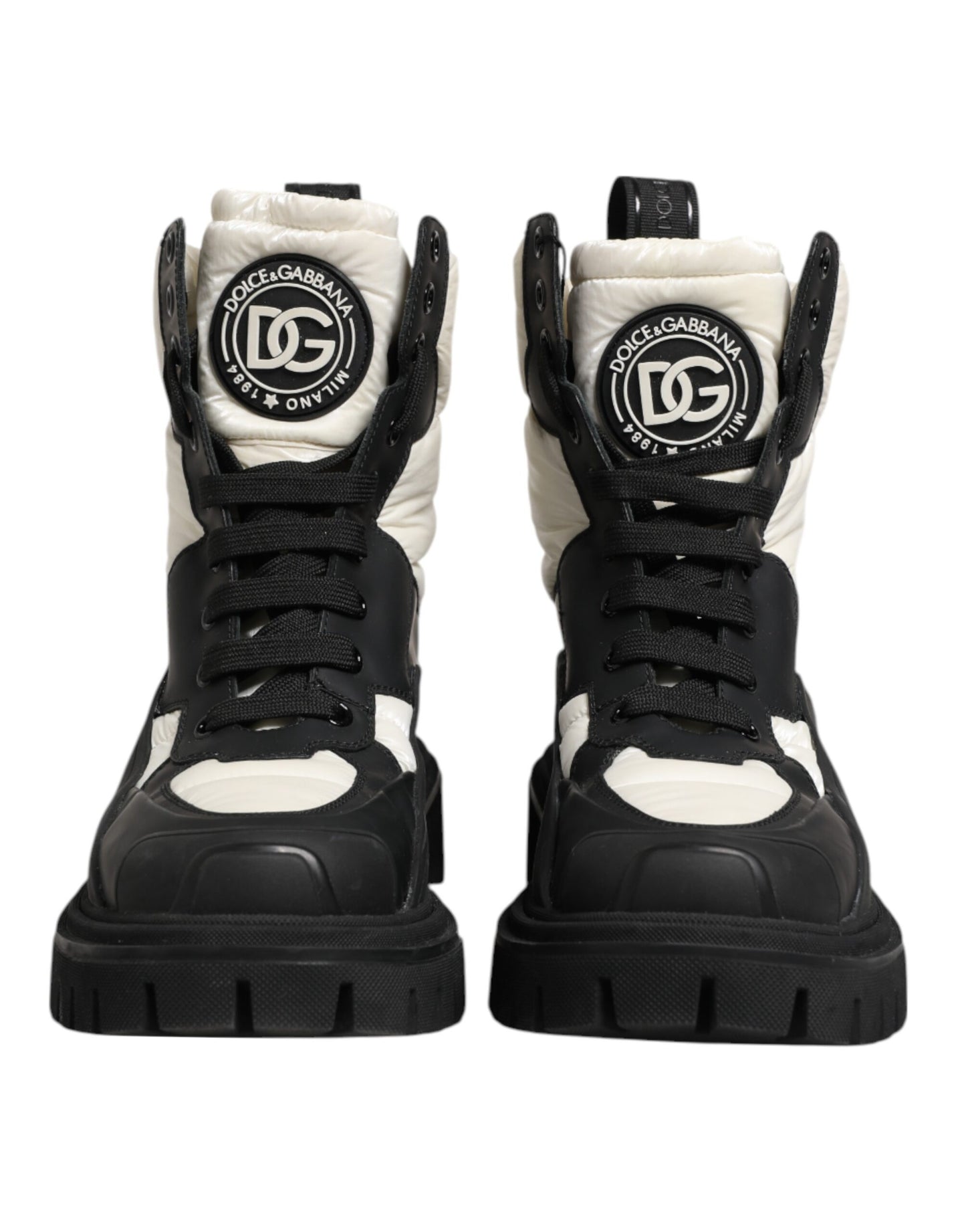 Dolce &amp; Gabbana – Gepolsterte, wadenhohe Schnürstiefel in Schwarz und Weiß