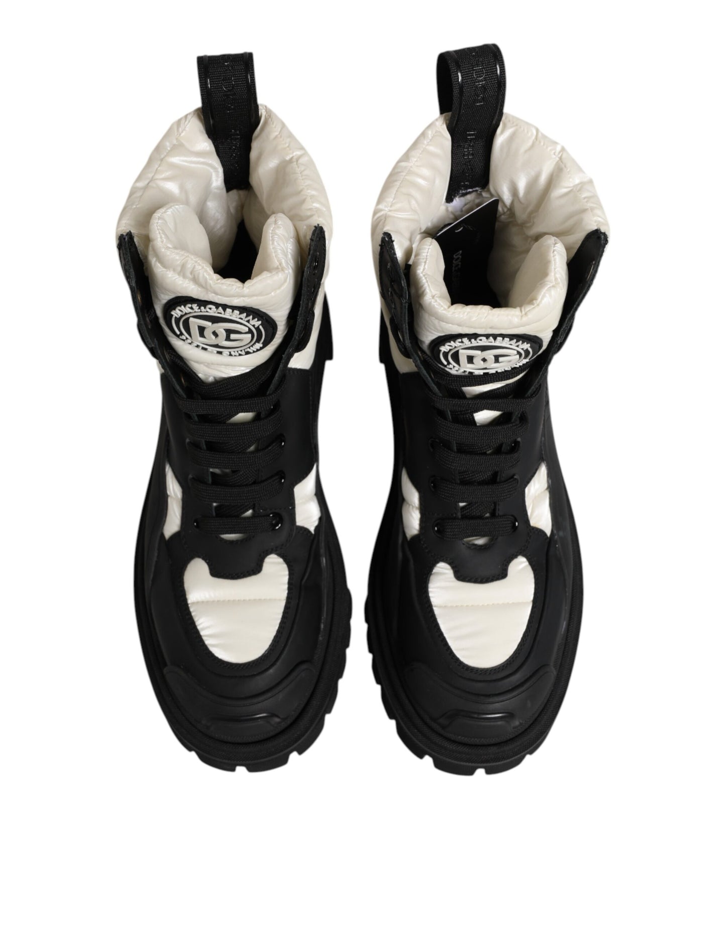 Dolce &amp; Gabbana – Gepolsterte, wadenhohe Schnürstiefel in Schwarz und Weiß