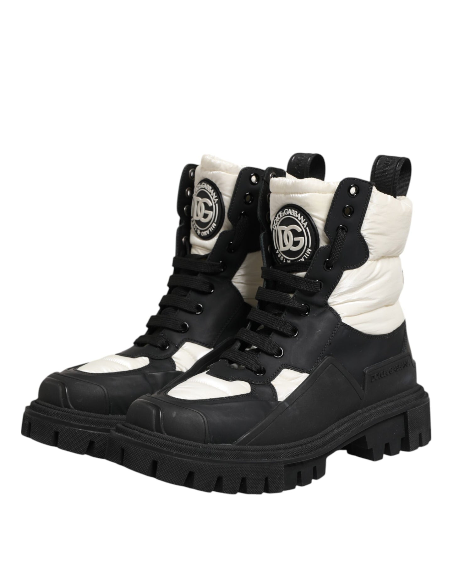 Dolce &amp; Gabbana – Gepolsterte, wadenhohe Schnürstiefel in Schwarz und Weiß