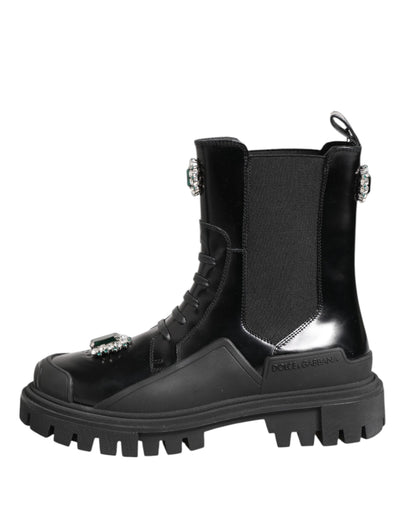 Dolce & Gabbana Black Crystal Embellished Combat Boots Shoes