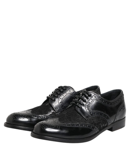 Dolce &amp; Gabbana – Formelle Schuhe aus schwarzem Leder mit floraler Spitze
