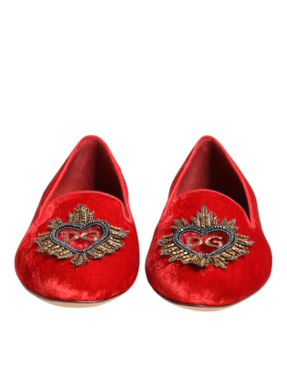 Dolce & Gabbana Red Velvet DG Heart Loafers Flat Shoes