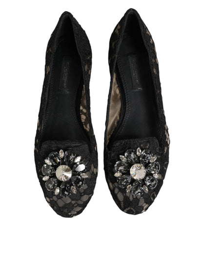 Dolce &amp; Gabbana – Schwarze Taormina-Ballerinas mit Spitzen und Kristallen