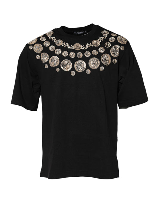 Dolce &amp; Gabbana – Schwarzes Baumwoll-T-Shirt mit Rundhalsausschnitt und Münzdruck