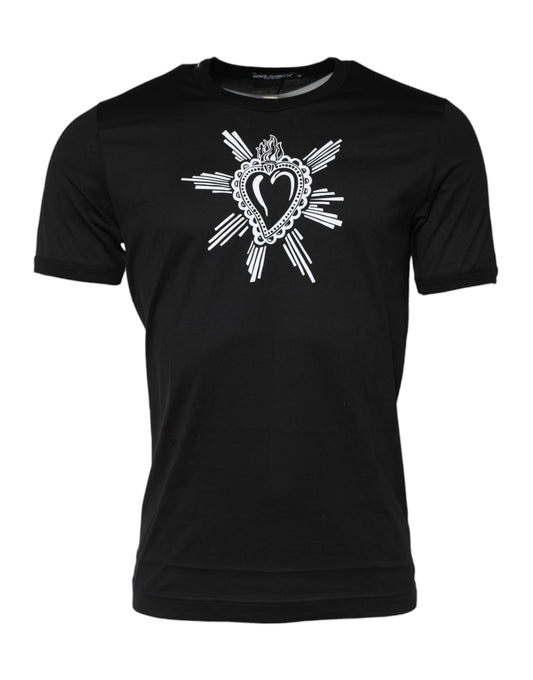 Dolce &amp; Gabbana Schwarzes T-Shirt aus Baumwolle mit Rundhalsausschnitt „Sacred Heart“