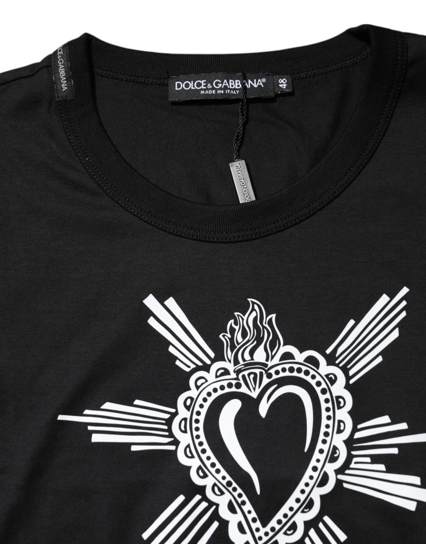 Dolce &amp; Gabbana Schwarzes T-Shirt aus Baumwolle mit Rundhalsausschnitt „Sacred Heart“
