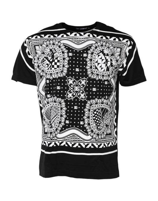 Dolce &amp; Gabbana – Schwarzes Baumwoll-T-Shirt mit Rundhalsausschnitt und Bandana-Print