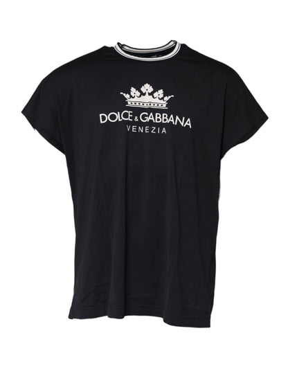Dolce & Gabbana Dark Blue Venezia Crown Cotton Crew Neck T-shirt