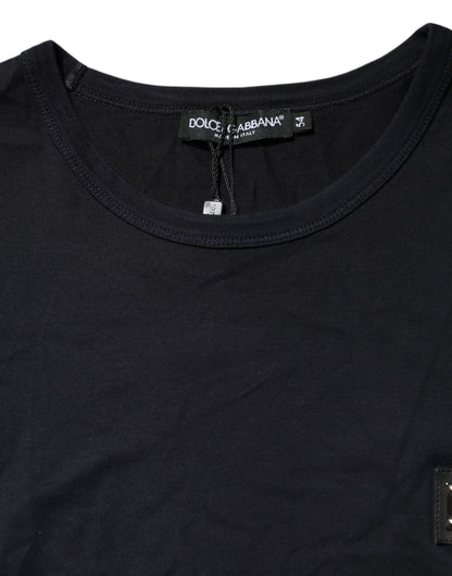 Dolce &amp; Gabbana – Dunkelblaues Baumwoll-T-Shirt mit Rundhalsausschnitt und Logo-Plakette