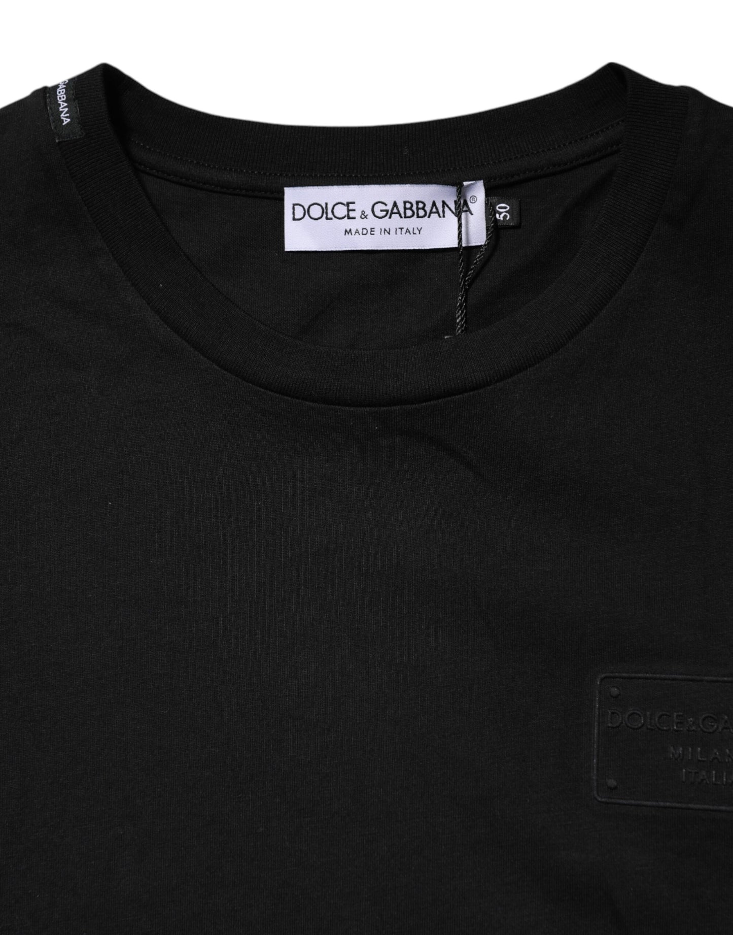 Dolce &amp; Gabbana – Schwarzes Baumwoll-T-Shirt mit Rundhalsausschnitt und Logo-Plakette