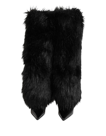 Dolce &amp; Gabbana – Kniehohe Stiefel mit spitzem Absatz und Kunstfell in Schwarz