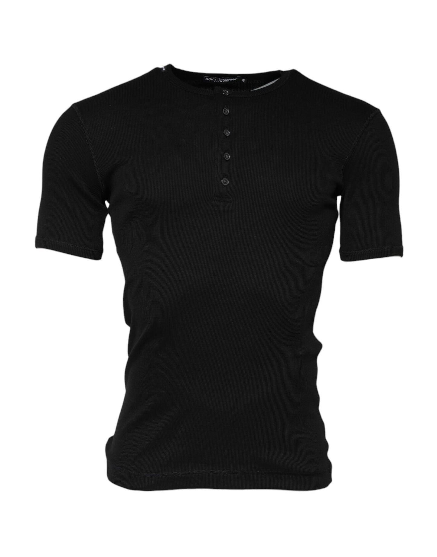 Dolce &amp; Gabbana – Henley-T-Shirt aus schwarzem Baumwollstrick mit Rundhalsausschnitt
