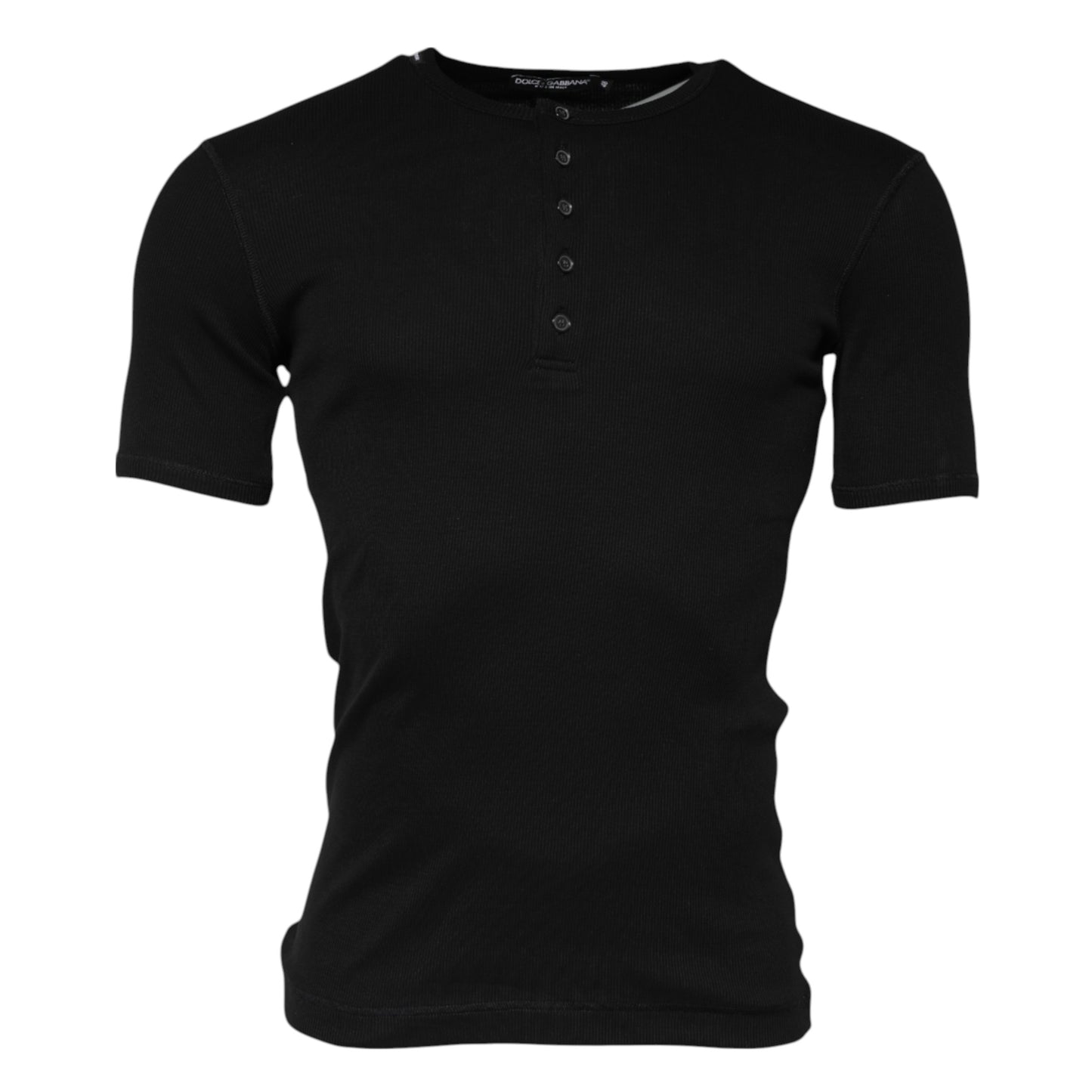 Dolce &amp; Gabbana – Henley-T-Shirt aus schwarzem Baumwollstrick mit Rundhalsausschnitt