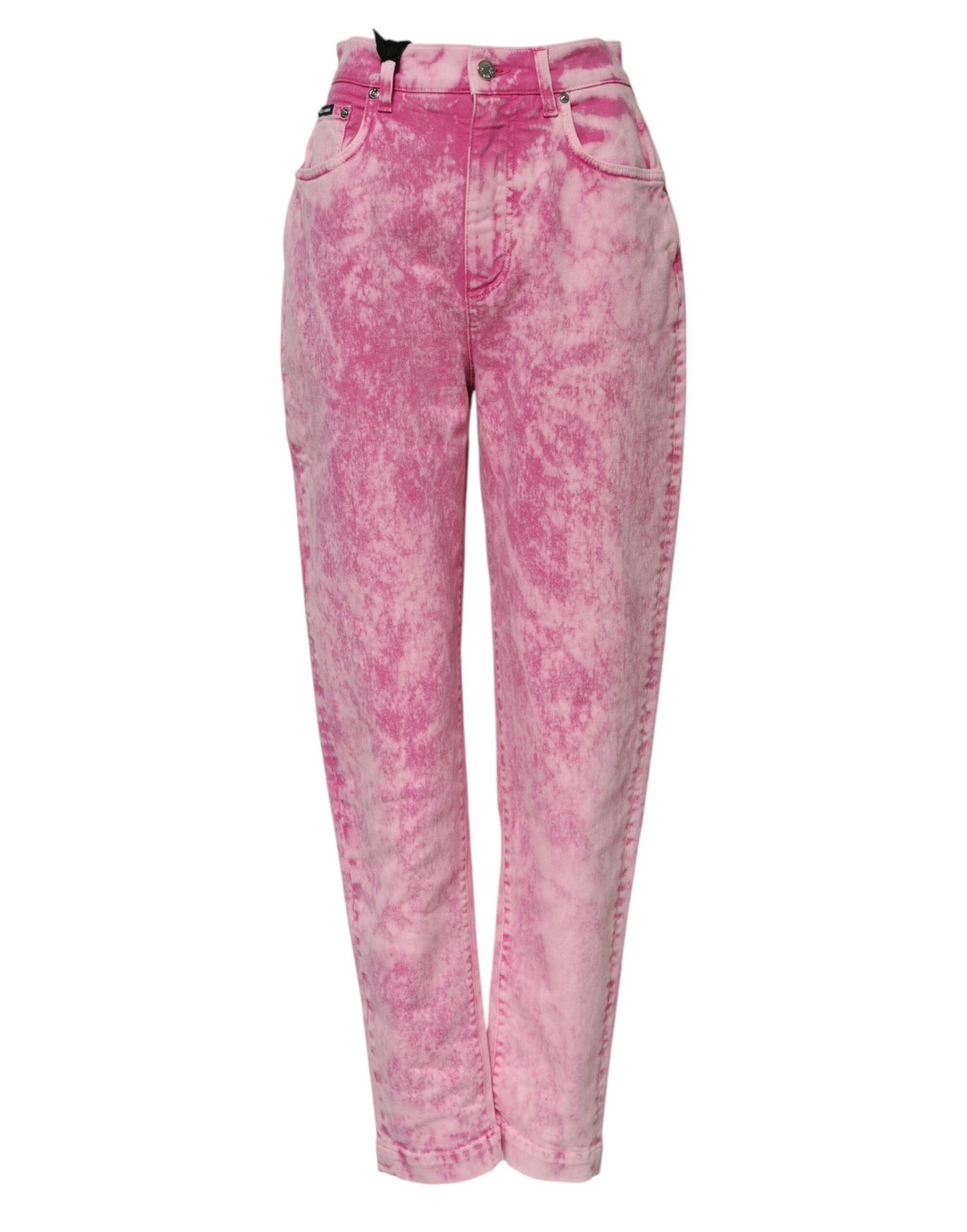 Dolce &amp; Gabbana – Hoch taillierte, schmal zulaufende Jeans aus Denim in Rosa mit Batikmuster