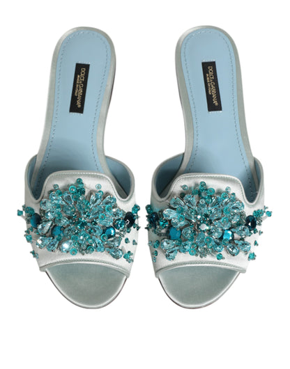 Dolce & Gabbana Silver Blue Leather Bead Embellish Slide Shoes