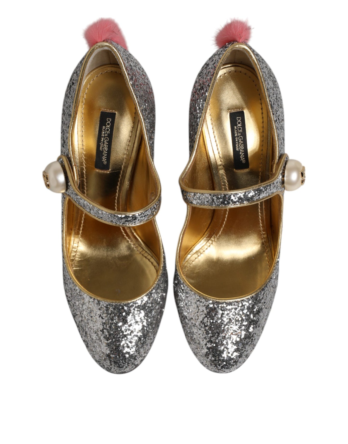 Dolce &amp; Gabbana Silber Glitzer Nerz Pelz VALLY Pumps Schuhe