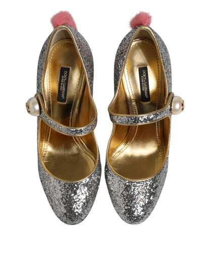Dolce &amp; Gabbana Silber Glitzer Nerz Pelz VALLY Pumps Schuhe