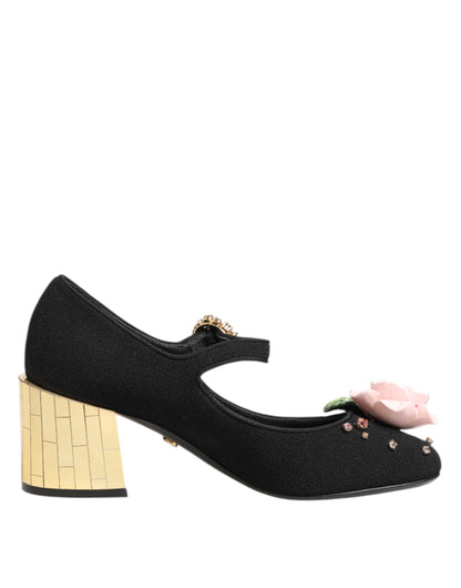 Dolce &amp; Gabbana – Schwarze Mary-Jane-Schuhe mit Blumen- und Kristallverzierung