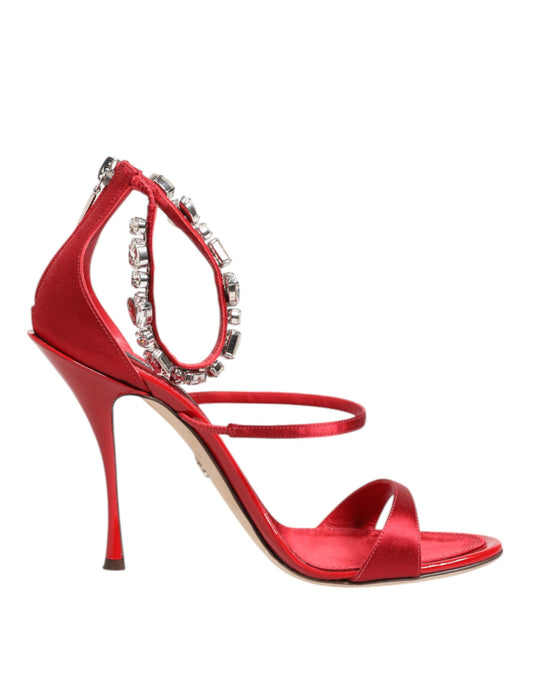 Dolce & Gabbana Red Satin Crystals Keira Sandals Heel Shoes