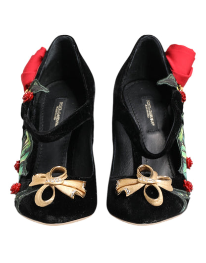 Dolce &amp; Gabbana – Mary-Jane-Schuhe mit schwarzer Rosen-Kristallbrosche