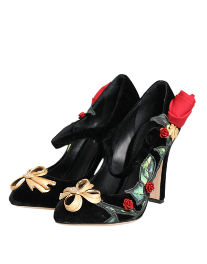 Dolce &amp; Gabbana – Mary-Jane-Schuhe mit schwarzer Rosen-Kristallbrosche