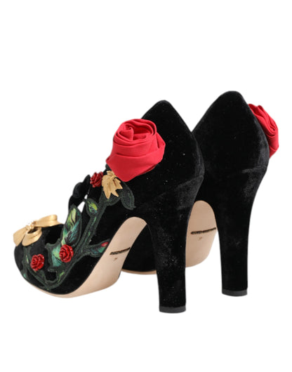 Dolce &amp; Gabbana – Mary-Jane-Schuhe mit schwarzer Rosen-Kristallbrosche