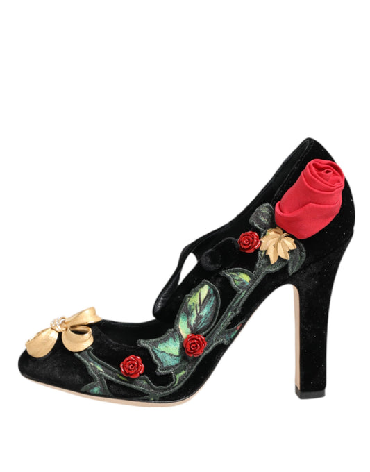 Dolce &amp; Gabbana – Mary-Jane-Schuhe mit schwarzer Rosen-Kristallbrosche
