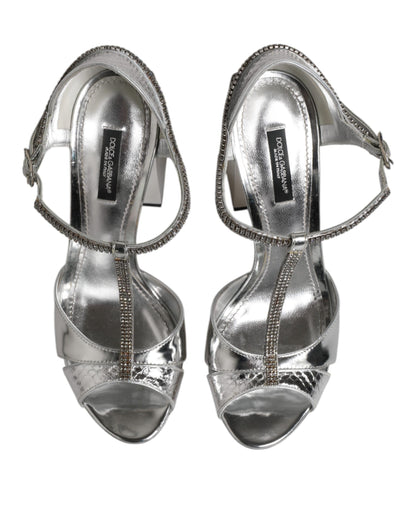 Dolce &amp; Gabbana Silber Leder T-Riemen Heels Sandalen Schuhe