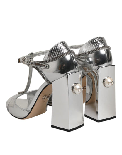 Dolce &amp; Gabbana Silber Leder T-Riemen Heels Sandalen Schuhe