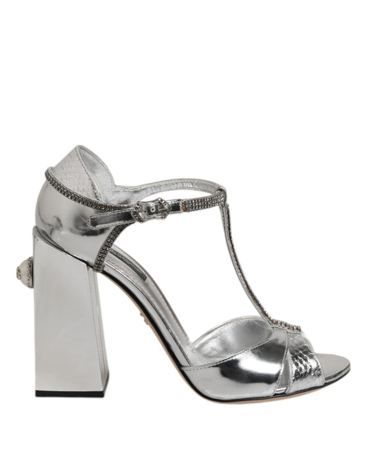 Dolce &amp; Gabbana Silber Leder T-Riemen Heels Sandalen Schuhe