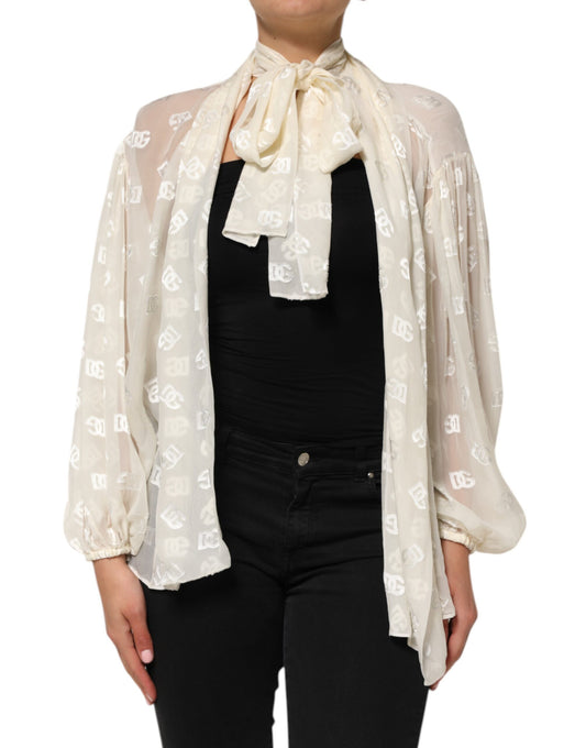 Dolce &amp; Gabbana – Oberteil mit Ascot-Kragen und Logo-Monogramm in gebrochenem Weiß