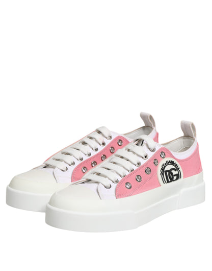 Dolce & Gabbana White Pink Canvas Low Top Sneakers Shoes