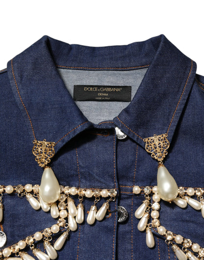 Dolce &amp; Gabbana – Blaue Jacke aus Baumwoll-Denim mit Kristallverzierung