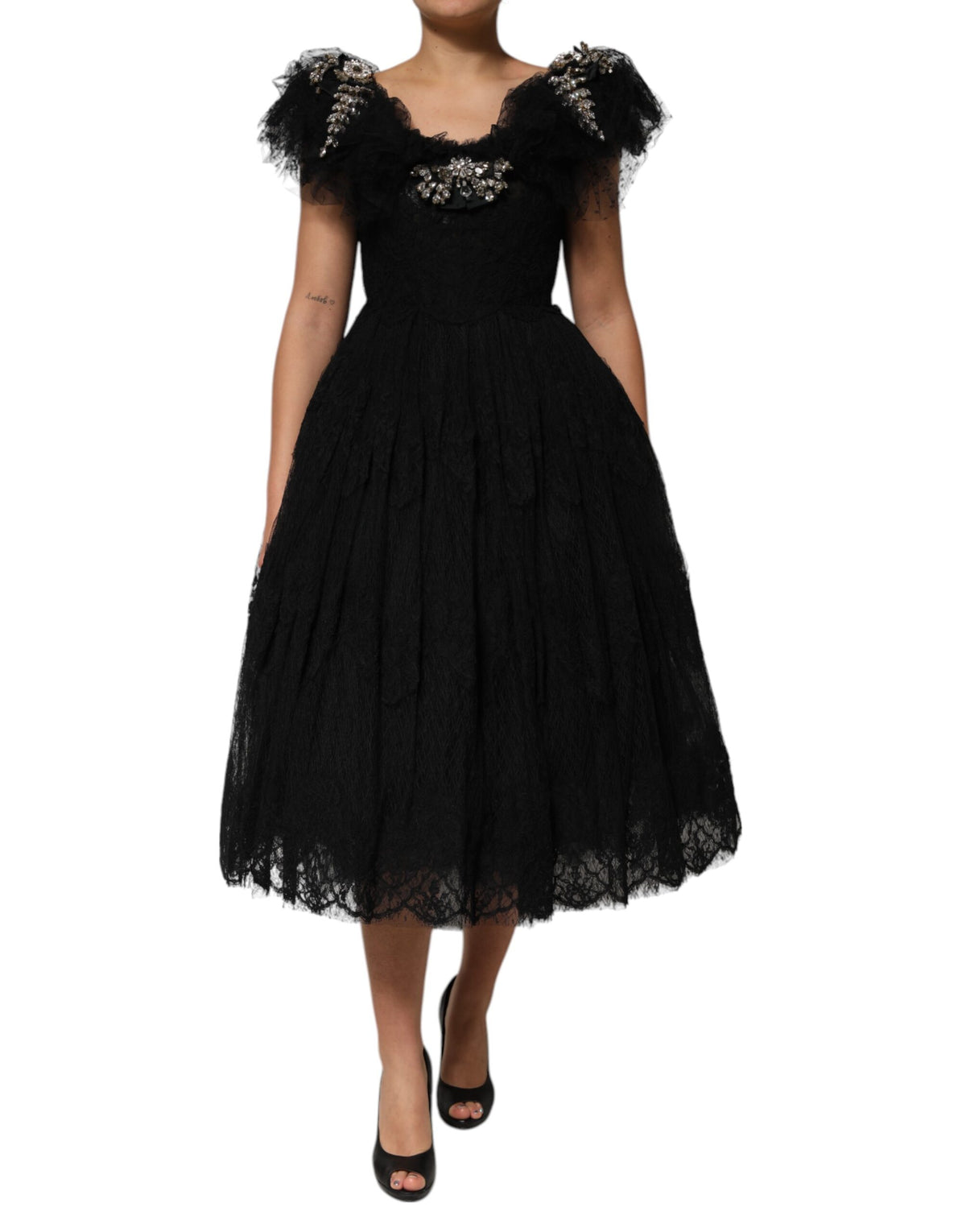 Dolce &amp; Gabbana Schwarzes, mit Kristallen verziertes Midikleid in A-Linie