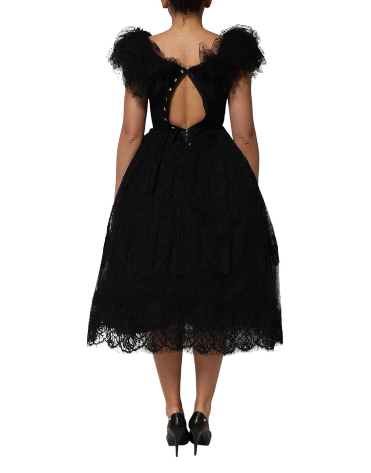Dolce &amp; Gabbana Schwarzes, mit Kristallen verziertes Midikleid in A-Linie