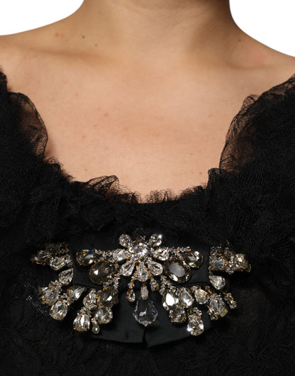Dolce &amp; Gabbana Schwarzes, mit Kristallen verziertes Midikleid in A-Linie