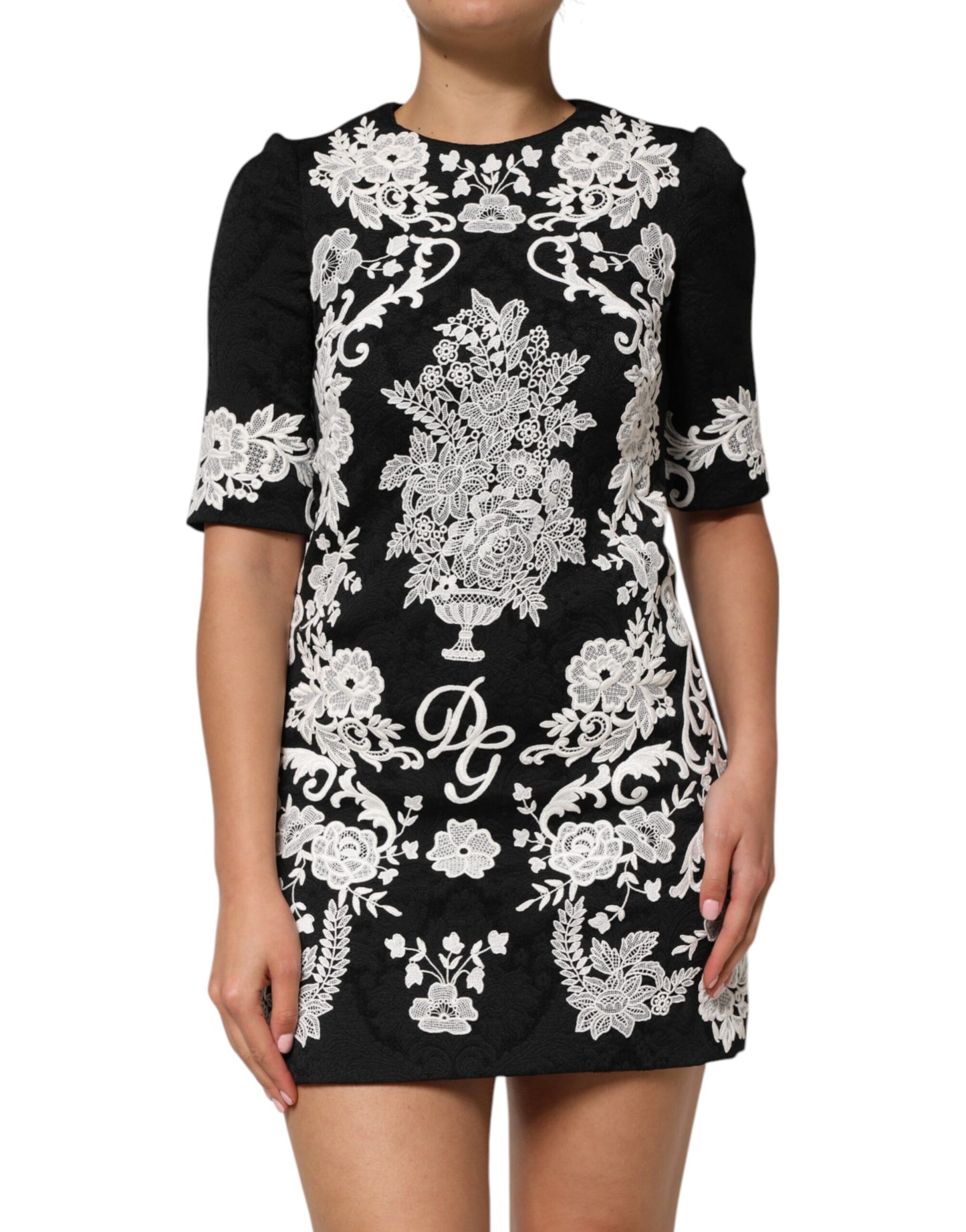 Dolce &amp; Gabbana – Schwarzes A-Linien-Kleid mit kurzen Ärmeln und Spitzenbesatz