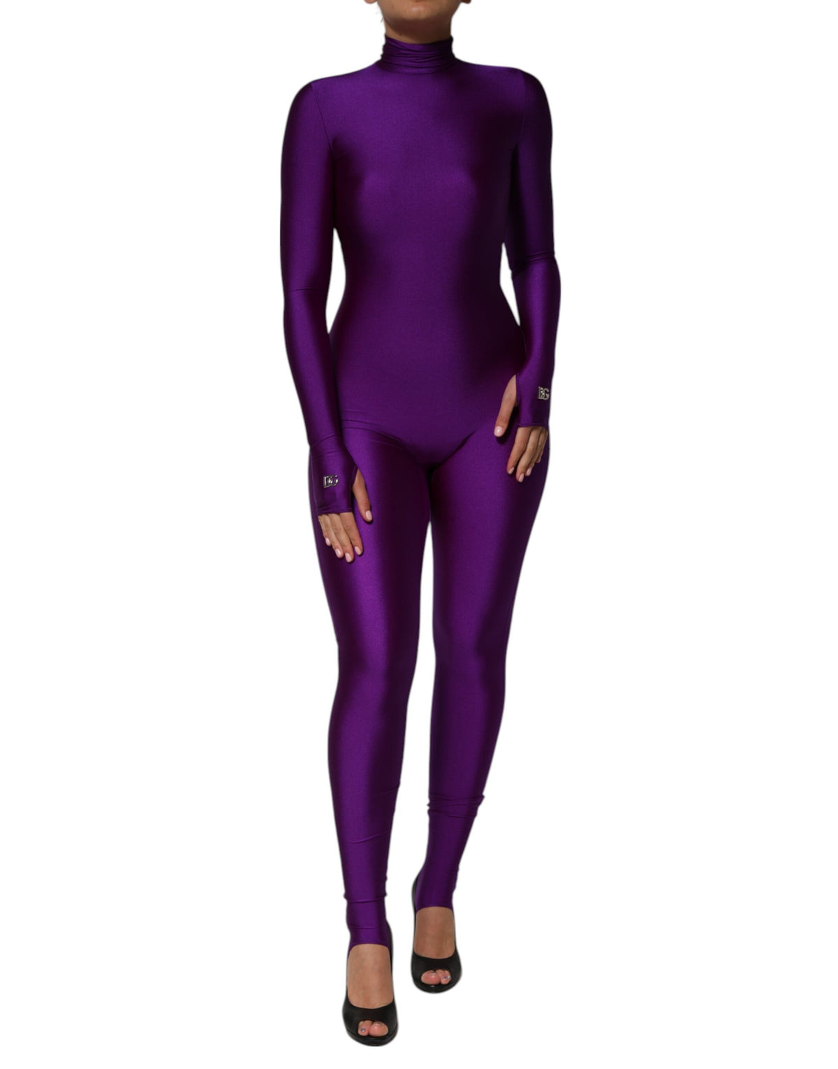 Dolce &amp; Gabbana, Lila, figurbetontes Jumpsuit-Kleid aus Nylon mit Rollkragen