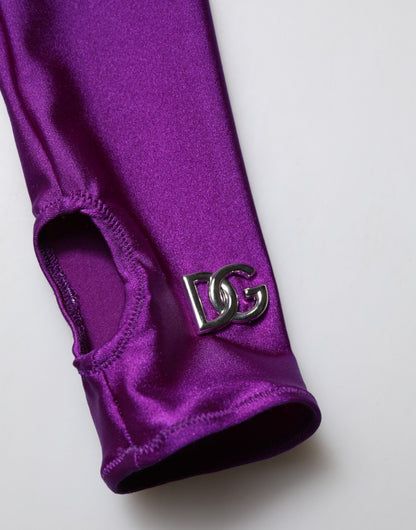 Dolce &amp; Gabbana, Lila, figurbetontes Jumpsuit-Kleid aus Nylon mit Rollkragen