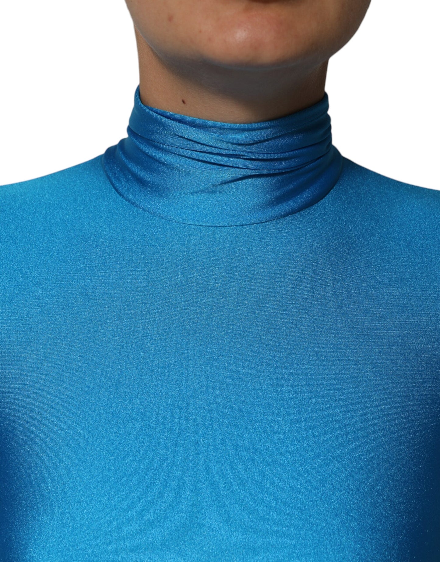 Dolce &amp; Gabbana, blaues, figurbetontes Jumpsuit-Kleid aus Nylon mit Rollkragen