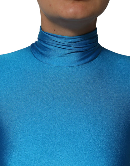 Dolce &amp; Gabbana, blaues, figurbetontes Jumpsuit-Kleid aus Nylon mit Rollkragen