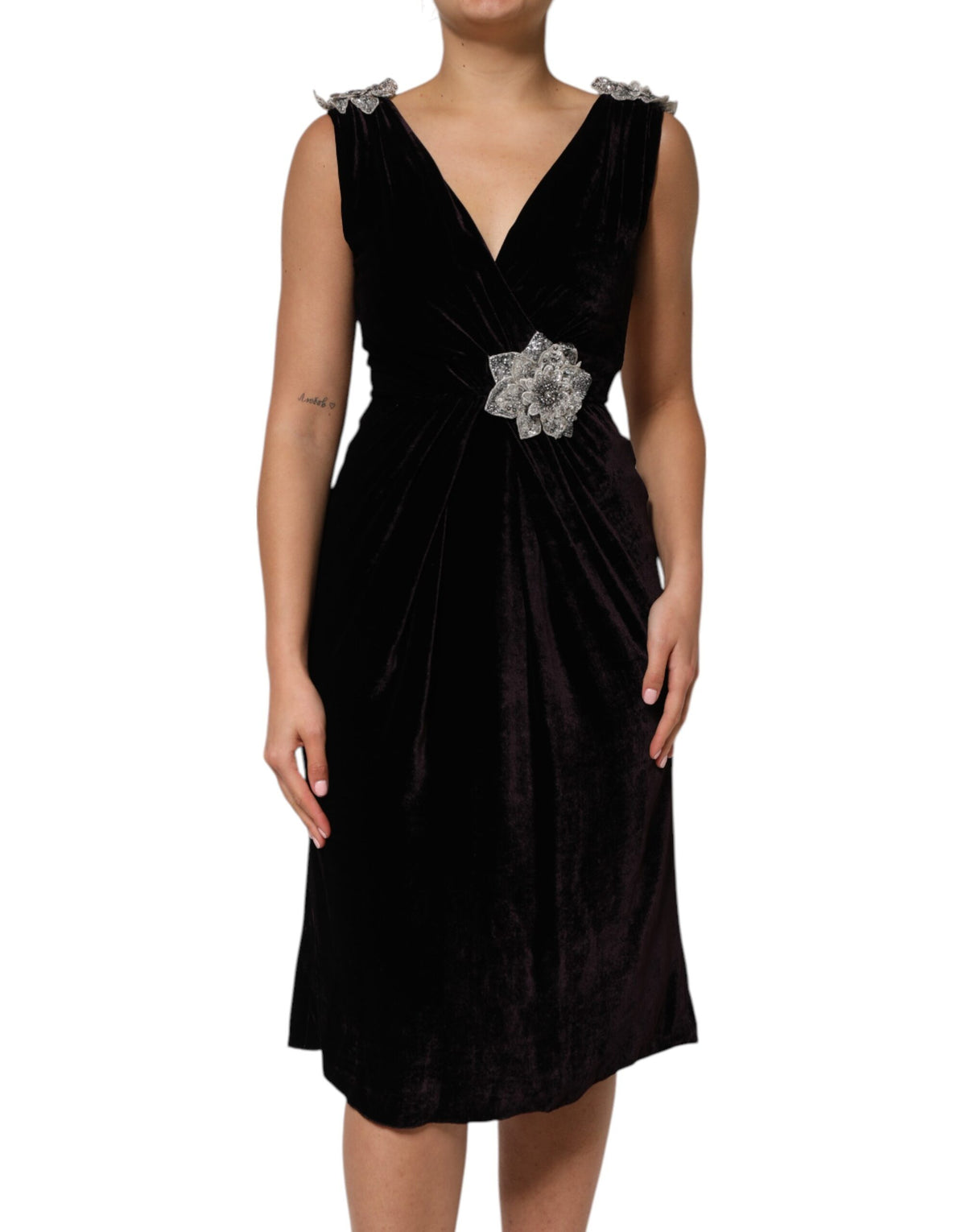 Dolce &amp; Gabbana – A-Linien-Kleid aus schwarzem Samt mit Blumenverzierung