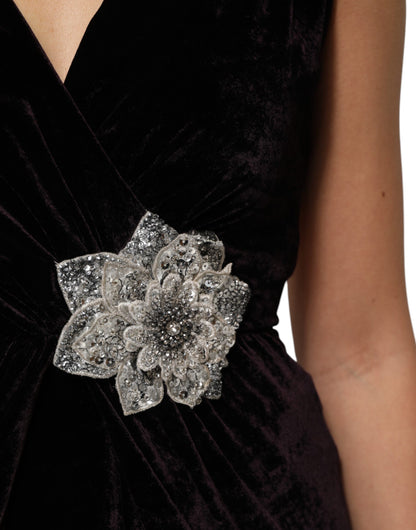Dolce &amp; Gabbana – A-Linien-Kleid aus schwarzem Samt mit Blumenverzierung
