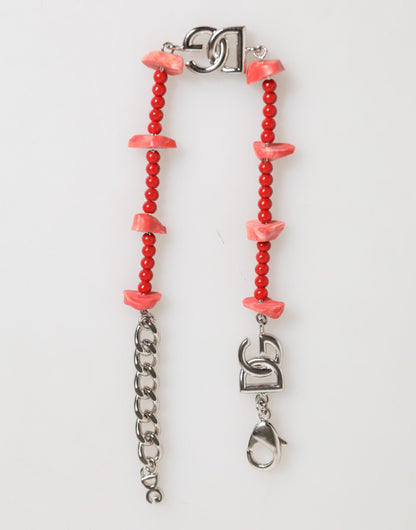 Dolce &amp; Gabbana Silberfarbenes Messingperlen-Harz-DG-Logo-Kettenarmband für Herren